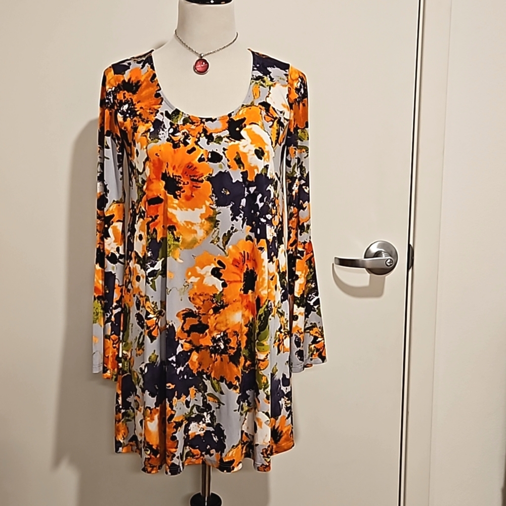veronicam blue gray orange black floral print mini dress bell sleeve Small EUC